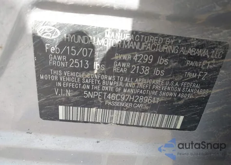 2007 Hyundai Sonata Gls from USA, damaged, VIN 5NPET46C97H289611
